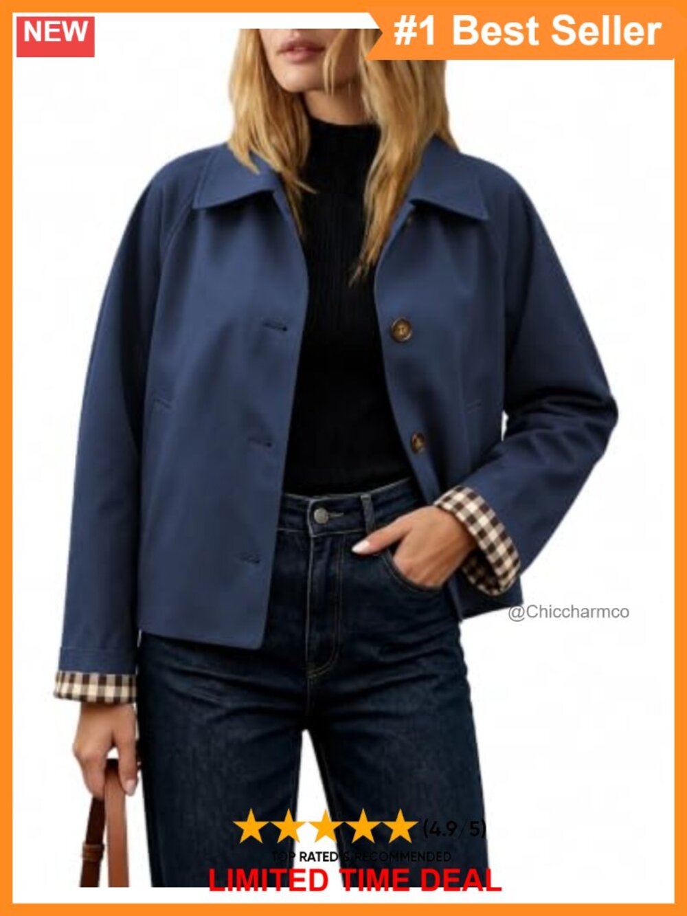 Women's Crop Trench Coat with Plaid Lining Button Front Pockets